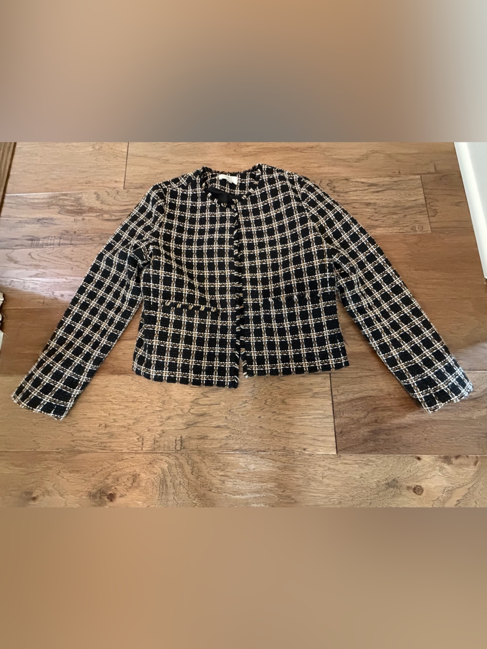 Loft Black & Cream Gold Check Tweed Cropped Jacket size 8